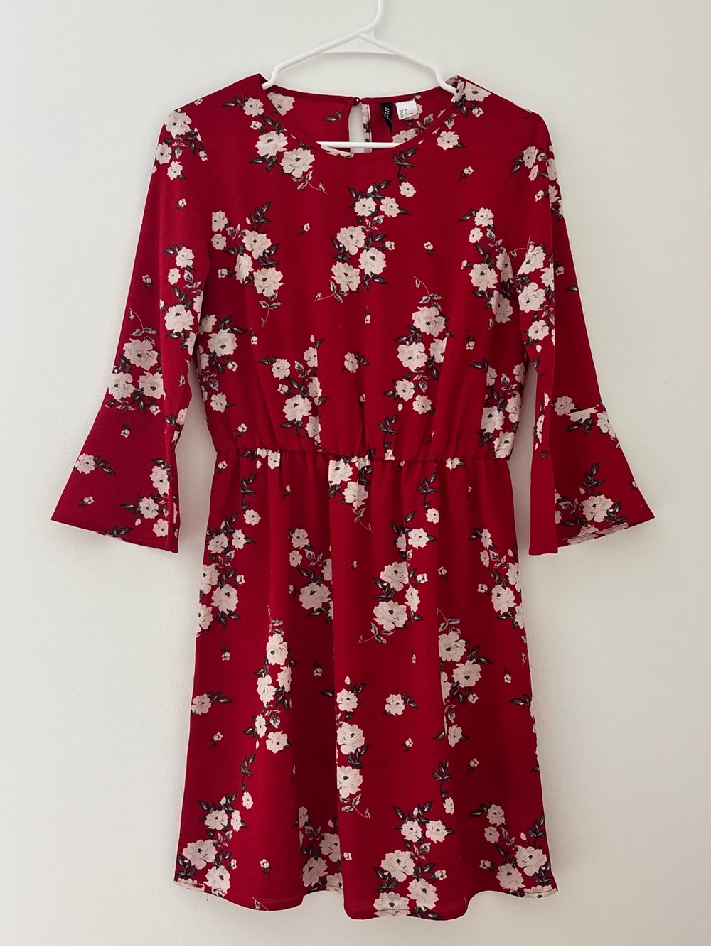 H&M red floral mini dress with bell sleeves